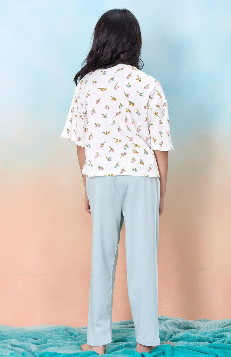 Artemea  Floral printed Girls Premium Boxy T shirt and Mint Pajama  set (2pc set -Top & Bottom) for Women | Best Price UAE